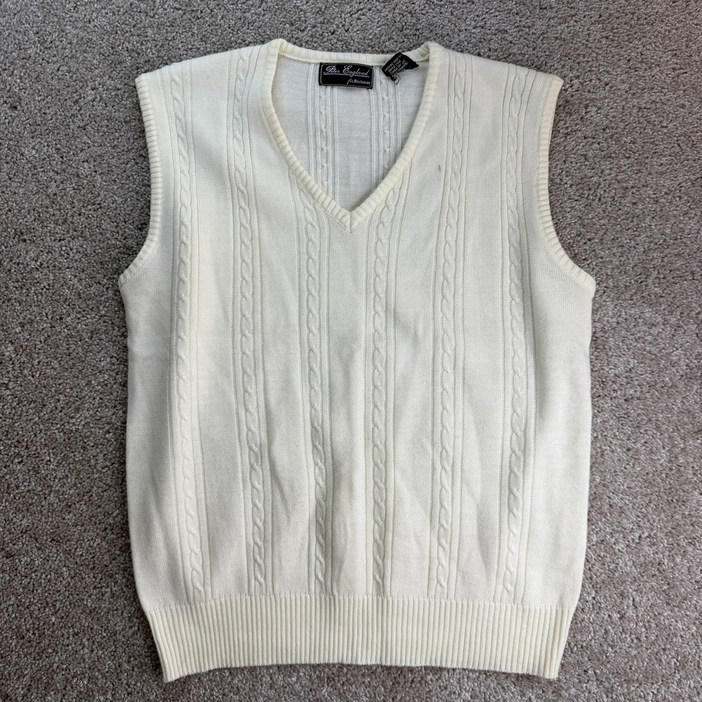 Vintage Peter England Sweater Vest Mens XL White Cable Knit V Neck Pullover